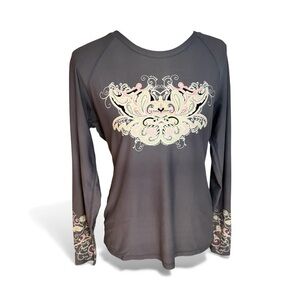 Athleta Gray Long Sleeve Tee with Cream and Pink Design